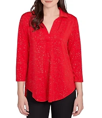 Ruby Rd. Collared 3/4 Sleeve Dotted Golden Dew Drops Knit Shirt