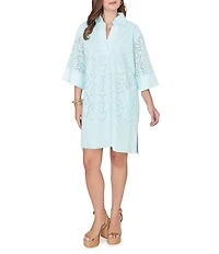 Ruby Rd. Collared Neck 3/4 Sleeve Floral Eyelet Shift Dress