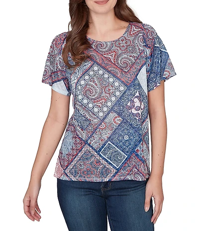 Ruby Rd. Colorful Patchwork Print Scoop Neck Short Sleeve Knit Tee