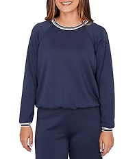 Ruby Rd. Contrast Stripe Crew Neck Long Raglan Sleeve Cinched Bubble Hem Knit Top