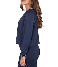 Ruby Rd. Contrast Stripe Crew Neck Long Raglan Sleeve Cinched Bubble Hem Knit Top