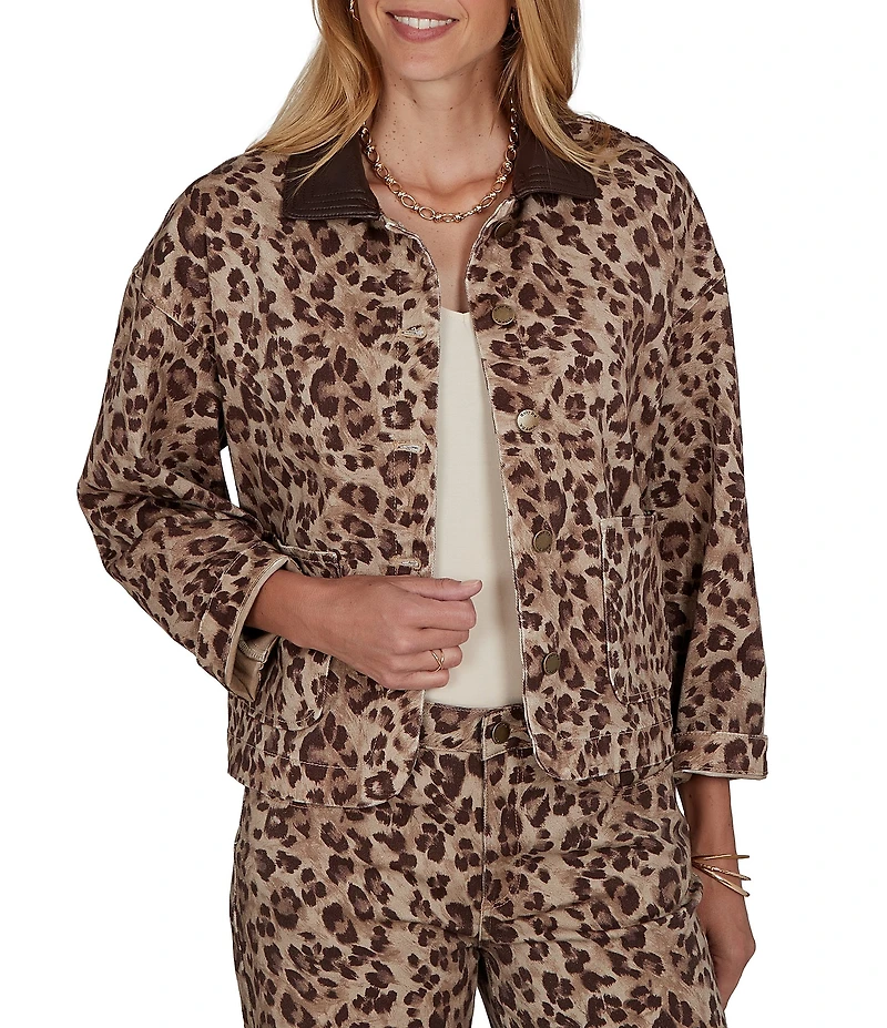 Ruby Rd. Coordinating Stretch Denim Cheetah Print Faux Leather Trim Collar Denim Jacket