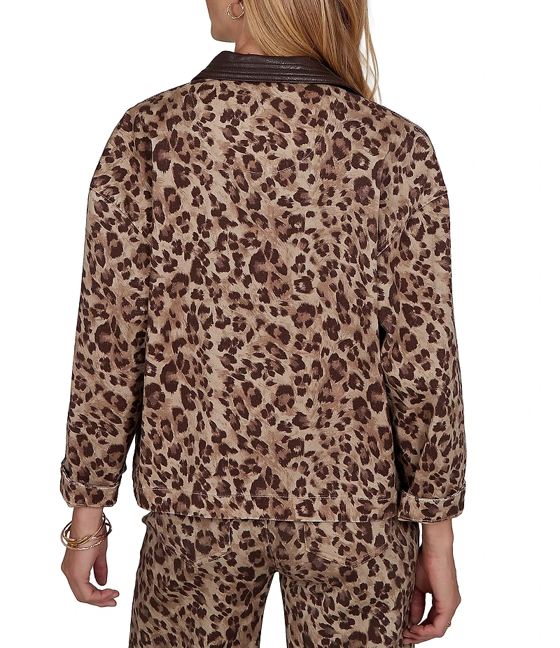 Ruby Rd. Coordinating Stretch Denim Cheetah Print Faux Leather Trim Collar Denim Jacket