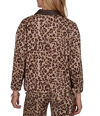 Ruby Rd. Coordinating Stretch Denim Cheetah Print Faux Leather Trim Collar Denim Jacket