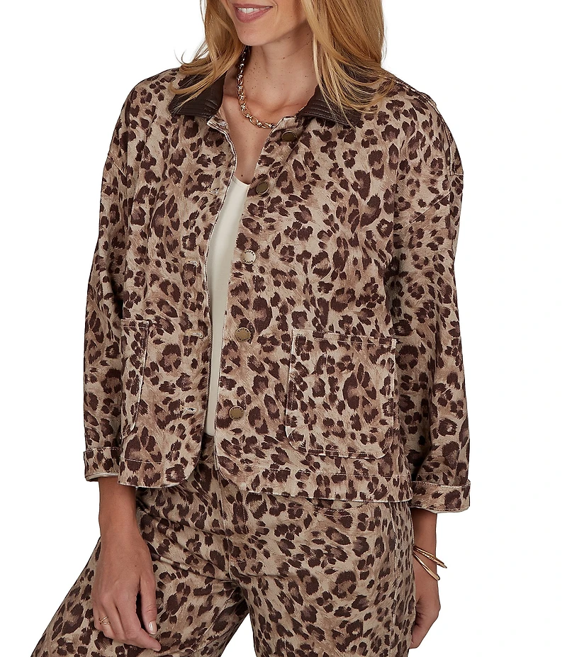 Ruby Rd. Coordinating Stretch Denim Cheetah Print Faux Leather Trim Collar Denim Jacket