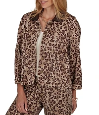 Ruby Rd. Coordinating Stretch Denim Cheetah Print Faux Leather Trim Collar Denim Jacket