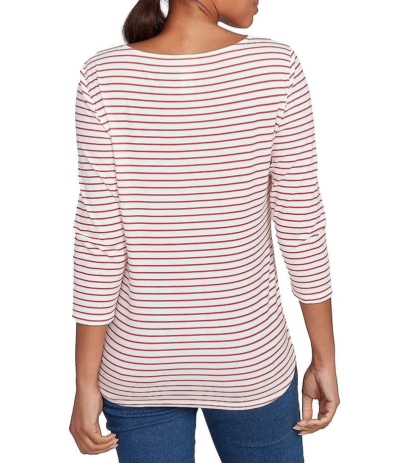 Ruby Rd. Cotton Blend Boat Neck 3/4 Sleeve Stripe Christmas Truck Top
