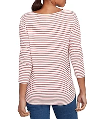 Ruby Rd. Cotton Blend Boat Neck 3/4 Sleeve Stripe Christmas Truck Top