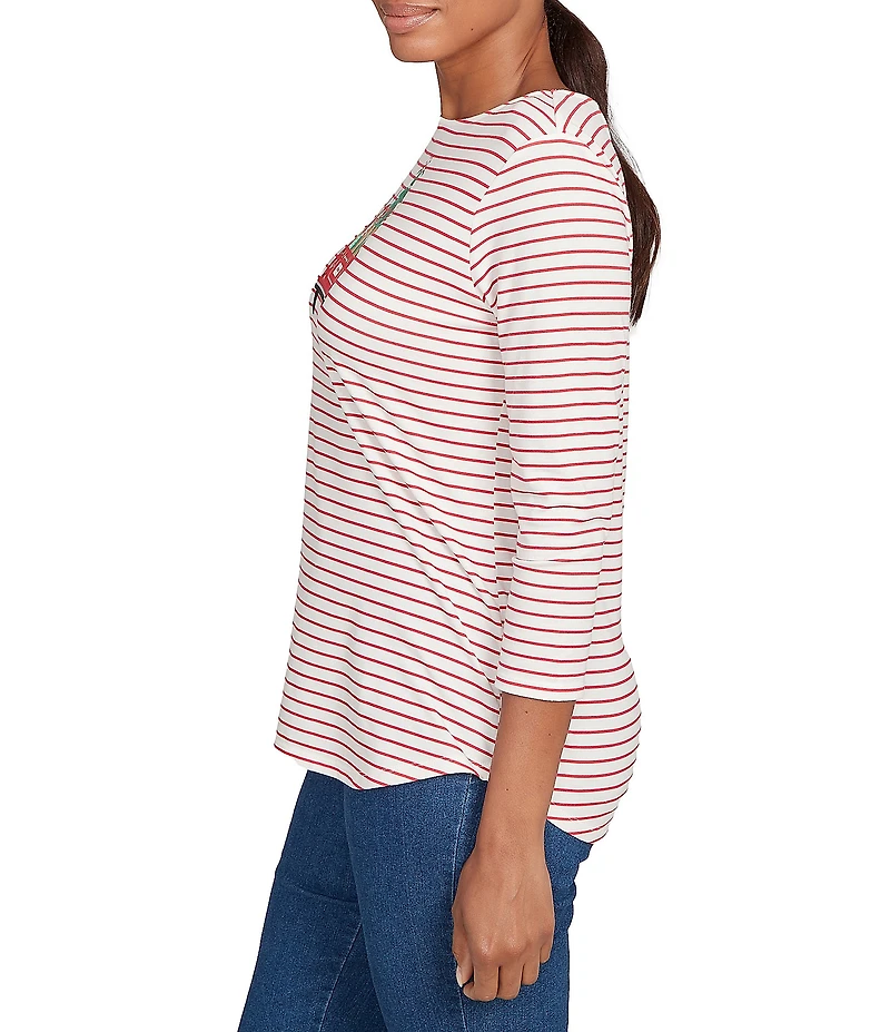 Ruby Rd. Cotton Blend Boat Neck 3/4 Sleeve Stripe Christmas Truck Top