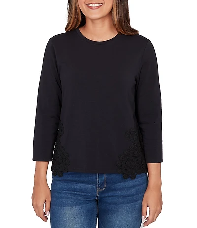 Ruby Rd. Cotton-Blend Knit Crew Neck 3/4 Sleeve Lace Applique Top