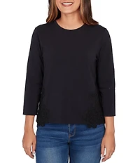 Ruby Rd. Cotton-Blend Knit Crew Neck 3/4 Sleeve Lace Applique Top