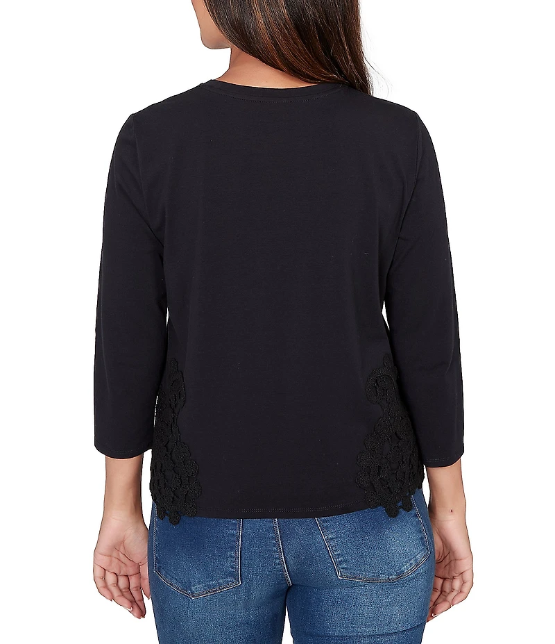 Ruby Rd. Cotton-Blend Knit Crew Neck 3/4 Sleeve Lace Applique Top