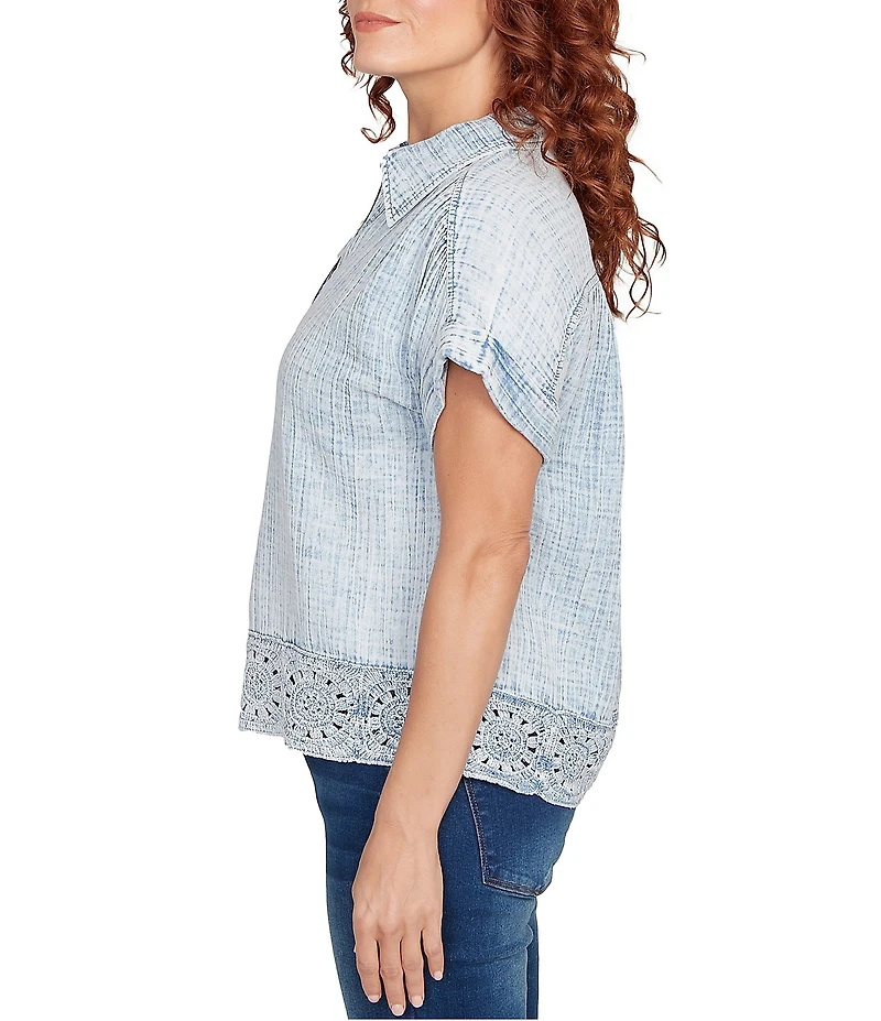 Ruby Rd. Cotton Gauze Crochet Point Collar Short Rolled Cuff Sleeve Shirt