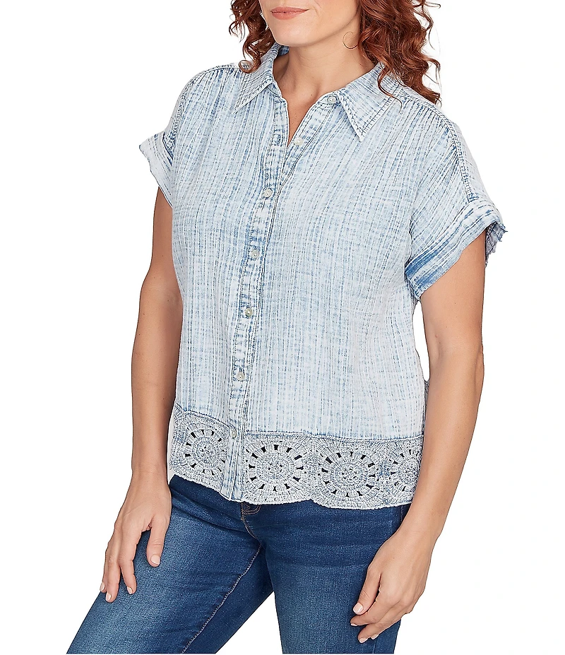 Ruby Rd. Cotton Gauze Crochet Point Collar Short Rolled Cuff Sleeve Shirt