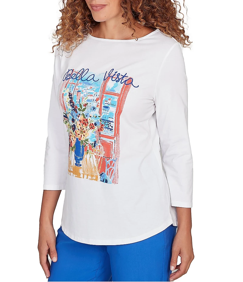 Ruby Rd. Cotton Jersey Bella Vista Embellished Crew Neck 3/4 Sleeve Tee