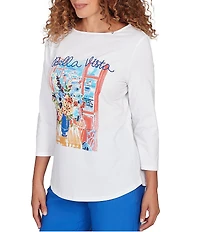 Ruby Rd. Cotton Jersey Bella Vista Embellished Crew Neck 3/4 Sleeve Tee