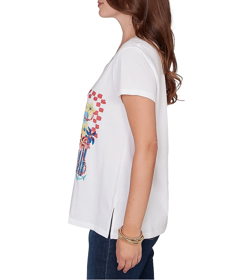 Ruby Rd. Cotton Jersey Knit Sequin Beaded Postcard Print V-Neck Short Sleeve Tee