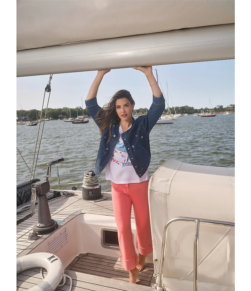 Ruby Rd. Cotton Jersey Knit Sequin Beaded Postcard Print V-Neck Short Sleeve Tee