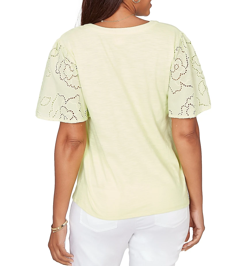 Ruby Rd. Cotton Jersey Knit Split V-Neck Short Eyelet Sleeve Top