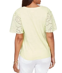 Ruby Rd. Cotton Jersey Knit Split V-Neck Short Eyelet Sleeve Top