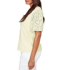 Ruby Rd. Cotton Jersey Knit Split V-Neck Short Eyelet Sleeve Top