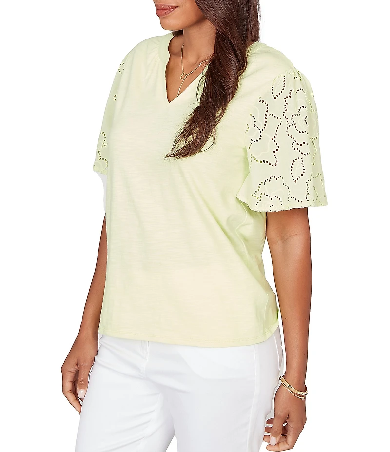 Ruby Rd. Cotton Jersey Knit Split V-Neck Short Eyelet Sleeve Top