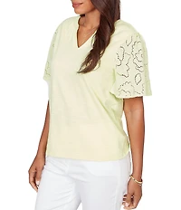 Ruby Rd. Cotton Jersey Knit Split V-Neck Short Eyelet Sleeve Top