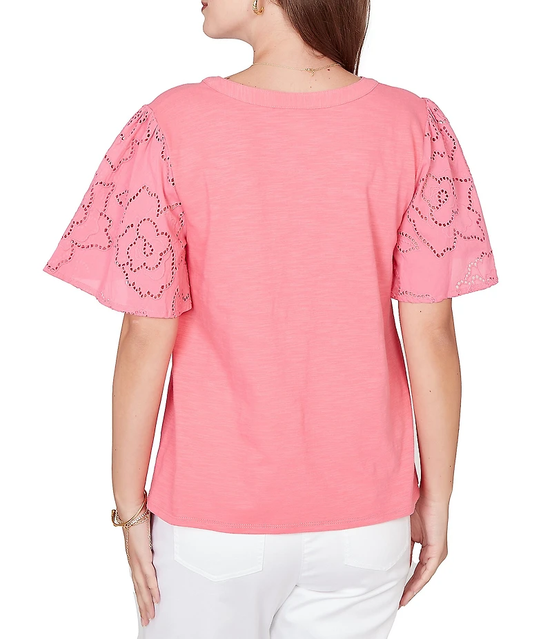 Ruby Rd. Cotton Jersey Knit Split V-Neck Short Eyelet Sleeve Top