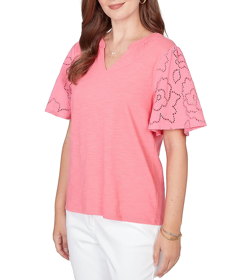 Ruby Rd. Cotton Jersey Knit Split V-Neck Short Eyelet Sleeve Top