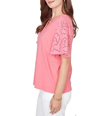 Ruby Rd. Cotton Jersey Knit Split V-Neck Short Eyelet Sleeve Top