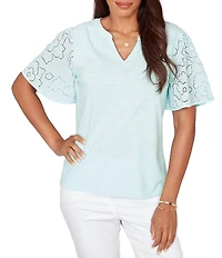 Ruby Rd. Cotton Jersey Knit Split V-Neck Short Eyelet Sleeve Top