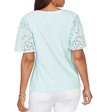 Ruby Rd. Cotton Jersey Knit Split V-Neck Short Eyelet Sleeve Top