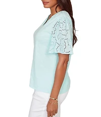 Ruby Rd. Cotton Jersey Knit Split V-Neck Short Eyelet Sleeve Top
