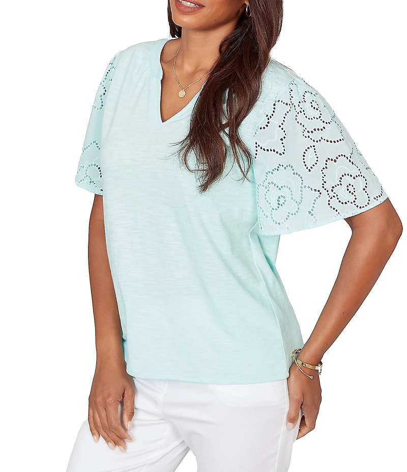 Ruby Rd. Cotton Jersey Knit Split V-Neck Short Eyelet Sleeve Top