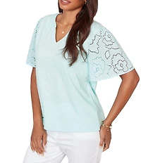 Ruby Rd. Cotton Jersey Knit Split V-Neck Short Eyelet Sleeve Top