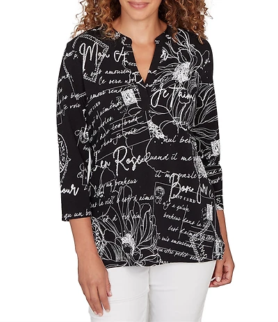 Ruby Rd. Cotton Jersey Vintage Postcard Split V-Neck 3/4 Sleeve Top