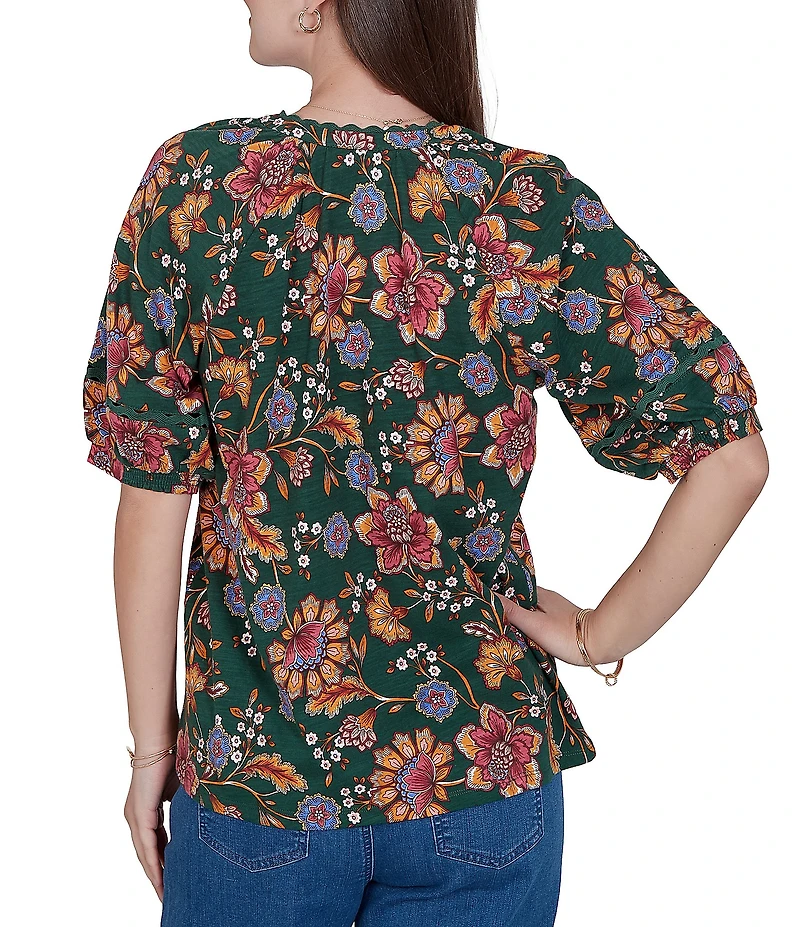 Ruby Rd. Cotton Knit Floral Vines Ric-Rac Split V-Neck Elbow Length Sleeve Top