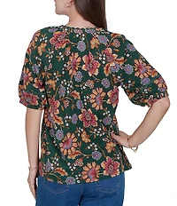Ruby Rd. Cotton Knit Floral Vines Ric-Rac Split V-Neck Elbow Length Sleeve Top