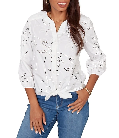 Ruby Rd. Cotton Poplin Allover Eyelet Button-Front Tie Hem Blouse
