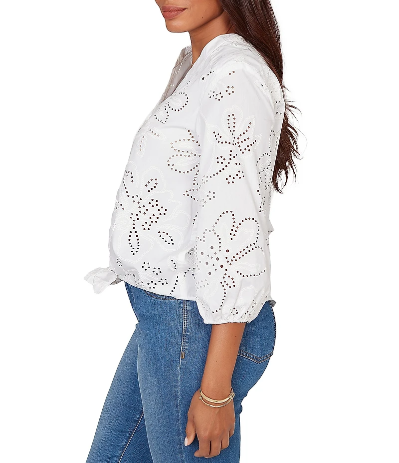 Ruby Rd. Cotton Poplin Allover Eyelet Button-Front Tie Hem Blouse