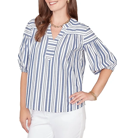 Ruby Rd. Cotton Poplin Spliced Stripe Split V-Neck Elbow Sleeve Top