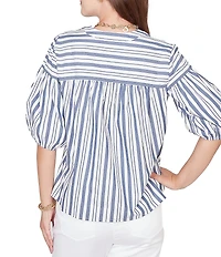 Ruby Rd. Cotton Poplin Spliced Stripe Split V-Neck Elbow Sleeve Top
