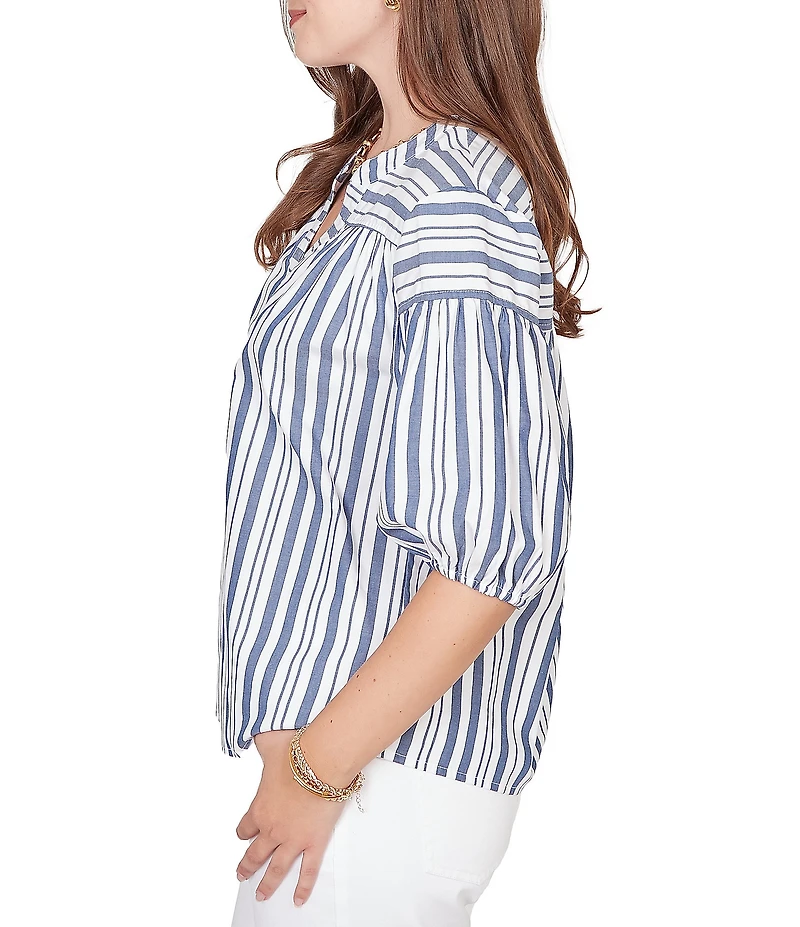 Ruby Rd. Cotton Poplin Spliced Stripe Split V-Neck Elbow Sleeve Top