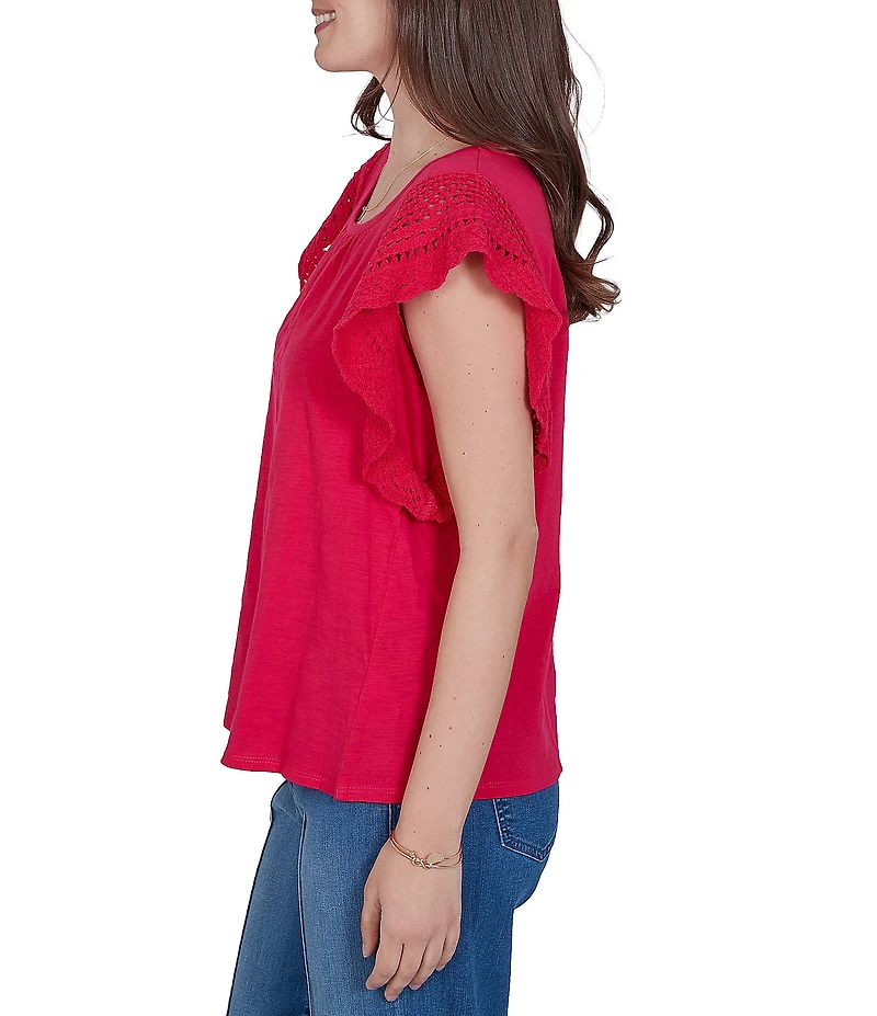 Ruby Rd. Cotton Slub Jersey Knit Solid Scoop Neck Crochet Trim Sleeve Top