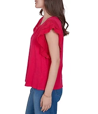 Ruby Rd. Cotton Slub Jersey Knit Solid Scoop Neck Crochet Trim Sleeve Top