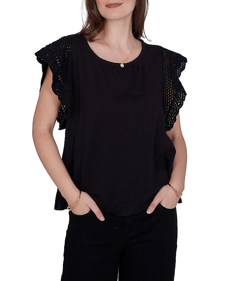 Ruby Rd. Cotton Slub Jersey Knit Solid Scoop Neck Crochet Trim Sleeve Top