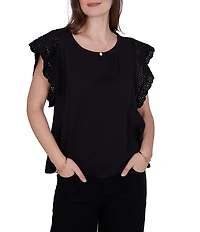 Ruby Rd. Cotton Slub Jersey Knit Solid Scoop Neck Crochet Trim Sleeve Top
