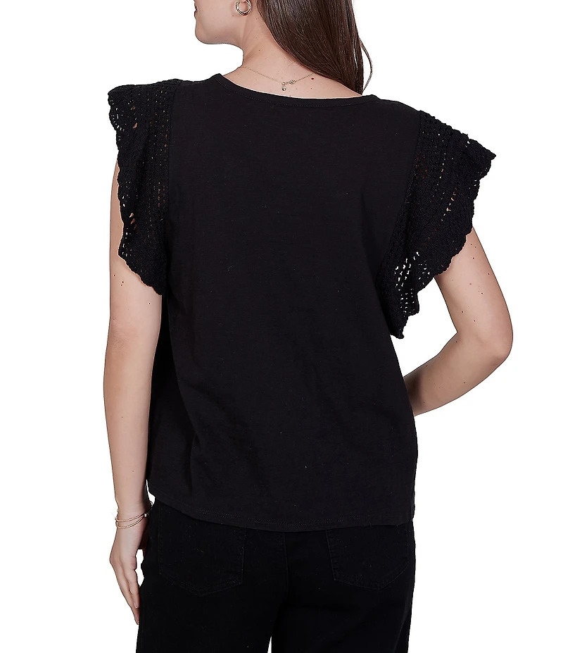Ruby Rd. Cotton Slub Jersey Knit Solid Scoop Neck Crochet Trim Sleeve Top