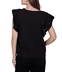 Ruby Rd. Cotton Slub Jersey Knit Solid Scoop Neck Crochet Trim Sleeve Top