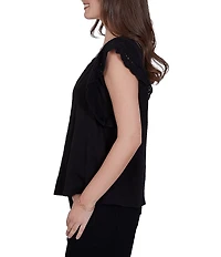 Ruby Rd. Cotton Slub Jersey Knit Solid Scoop Neck Crochet Trim Sleeve Top